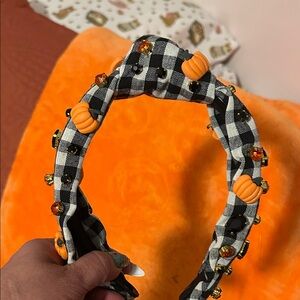Black and White Checkered Headband with Pumpkin Accents